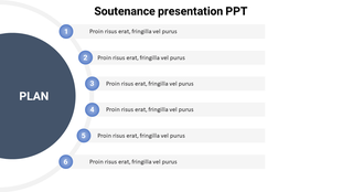 Soutenance slide with a plan section on the left and six numbered steps aligned on the right.