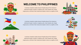 Slide depicting the Philippines through images of its iconic landscapes, traditional clothing, and famous local cuisine.