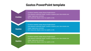 Spanish financial slide with three stacked chevron labeled Costos and Gastos, filled with white text and placeholder content.