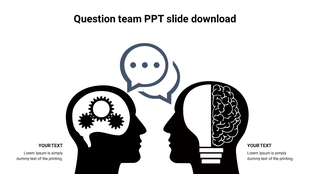 Team question slide with symbolic heads, gears on the left, brain on the right, and two overlapping speech bubble at the top.