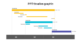 Quarterly timeline graphic showing overlapping project bars labeled with placeholder text, ending with a purple bar marked.