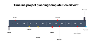 Timeline graphic with milestones along a horizontal bar, including arrows, diamonds, and triangles with placeholder text.