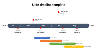Timeline slide showing events from January to May, with red flags marking milestones and colored bars for project durations.