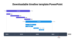 Timeline infographic with blue and purple arrows on a white backdrop, showing events from 2018 to 2022, with a today marker.
