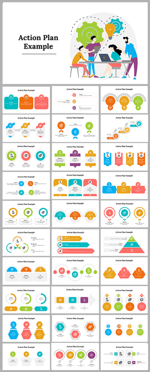 Slide deck with vibrant icons and sections, displaying action plan examples through flowcharts and visual representations.