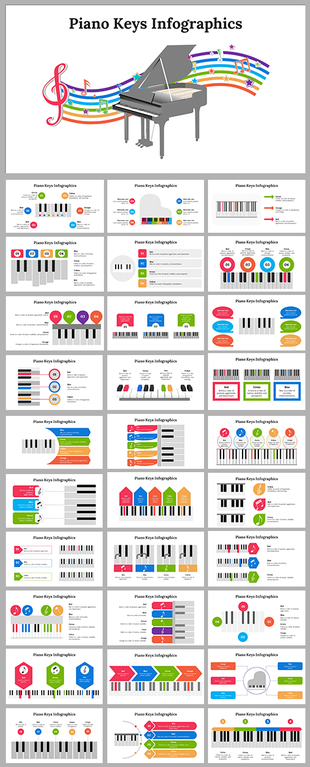 Collection of piano keys infographic templates featuring colorful key patterns, numbered sections, and music symbols.