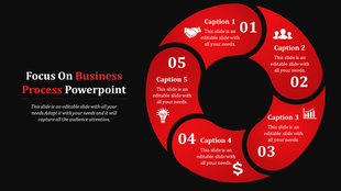 Circular business process diagram with five red sections featuring numbers, captions, and white icons representing themes.