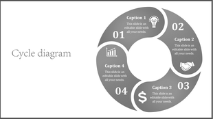 Gray scale cycle diagram slide with four sections, each containing a numbered icon for business processes.