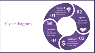 Cycle diagram with four numbered purple segments featuring white icons and text placeholders.