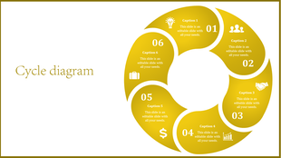 Yellow cycle diagram PowerPoint slide with six options featuring icons for business and planning.