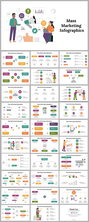 Mass marketing infographic PPT slides featuring colorful charts, icons, and characters illustrating marketing concepts.