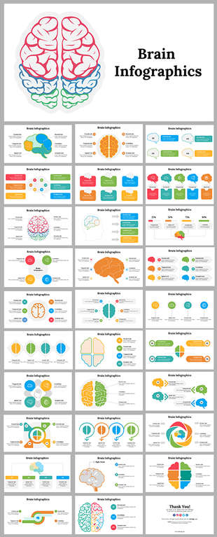 Slide deck featuring colorful brain infographics, including labeled sections, flowcharts, and data visualizations.