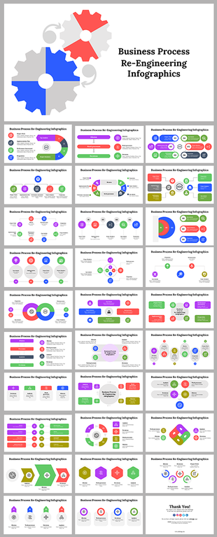 Slide deck of business process re-engineering infographic templates with colorful charts and diagrams.