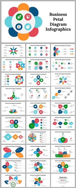 Slide deck with various petal shaped infographic layouts in multiple colors, displaying different business concepts.