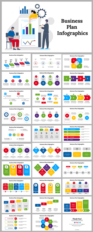Alt: Overview of a 30-slide Business Plan Infographics deck featuring colorful layouts for timelines, diagrams, and charts.