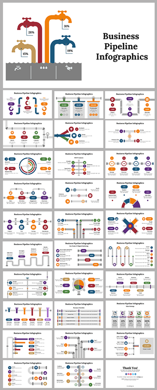 Collection of business pipeline infographic slides showcasing various visual representations of data and statistics.