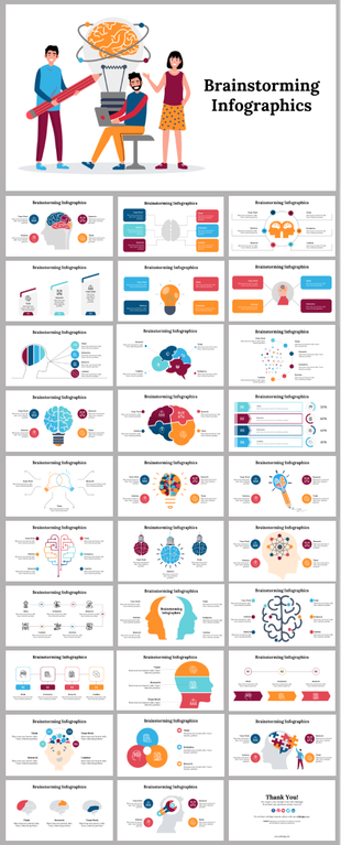 Slide deck with various brainstorming infographic designs, featuring colorful icons, diagrams, and creative layouts.
