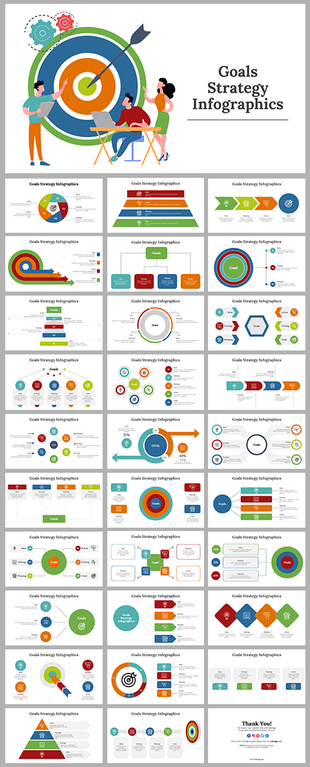 Infographic slides featuring charts, circular diagrams, arrows, and goal focused layouts with diverse color schemes.