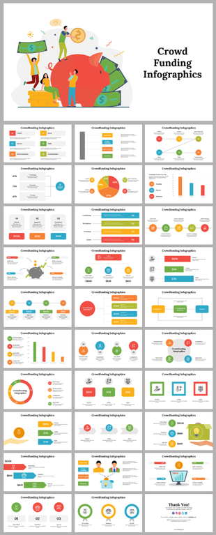 Slide deck on crowdfunding, featuring colorful infographics with pie charts, bar graphs, timelines, and fundraising data.