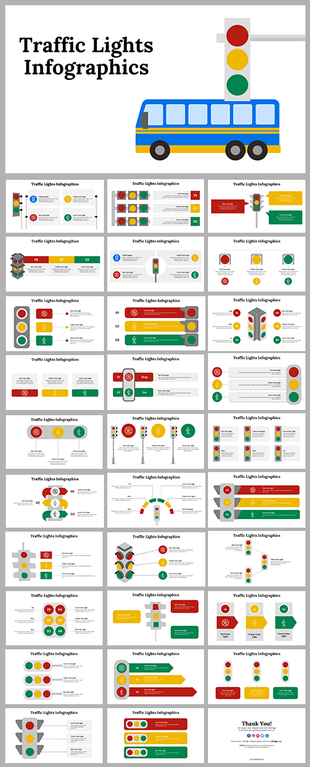 Collection of traffic light infographic templates featuring red, yellow, and green signals used to represent different stage. 