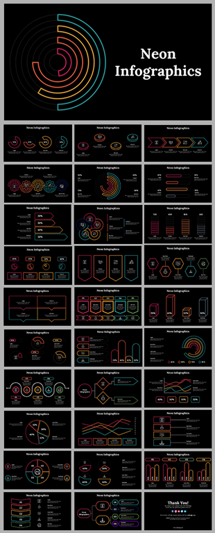 Grid of neon infographic slides displaying colorful outlines of graphs, flowcharts, and process visuals in electric hues.
