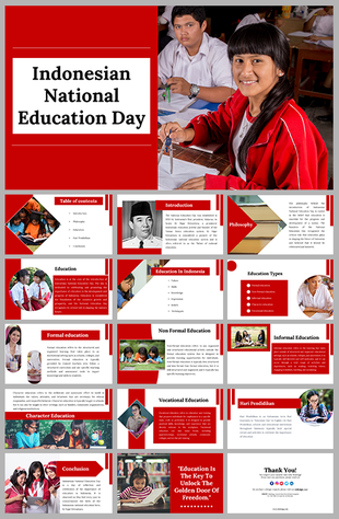  Slidedeck for Indonesian national education day with students in uniform engaged showing different types in learning.
