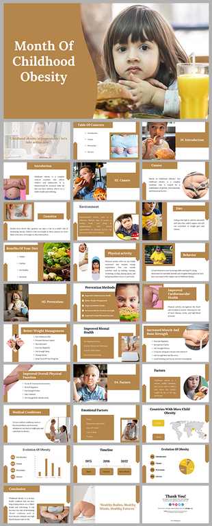Slide deck with brown theme, featuring images of children and sections on childhood obesity causes and health impacts.