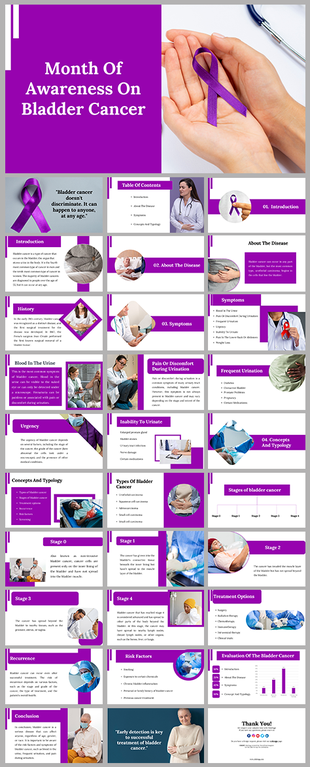 Bladder cancer awareness slide deck with sections on symptoms, types, stages, and prevention, in a purple and white theme.