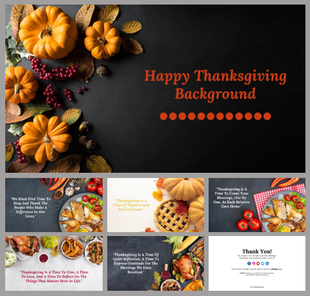 Thanksgiving background PPT slides with pumpkins, fall leaves, and holiday quotes in a warm, festive setting.
