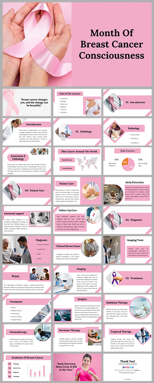 Pink themed slide deck about breast cancer awareness, featuring risk factors, diagnosis, treatment, and emotional support.