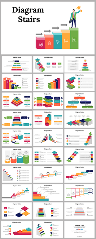 Slide deck showcasing various stair step diagrams in multiple shapes, perfect for displaying processes and rankings.