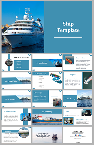 Slide deck detailing types, uses, and advantages including ship images, using a blue and white color palette.