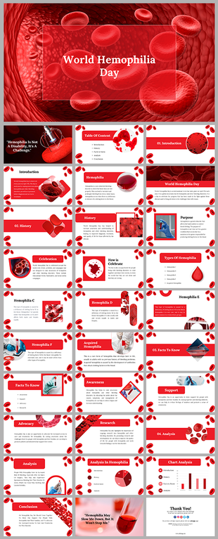 Close-up of red blood cells with a banner announcing world hemophilia day slide deck and a description of the global event.