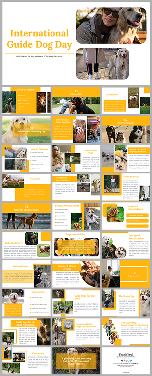 International Guide Dog day slides featuring sections on celebration, benefits, and organizations with many related images.