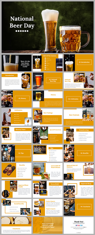 Colorful slides for National Beer Day, showcasing the history, benefits, and social aspects of beer consumption.