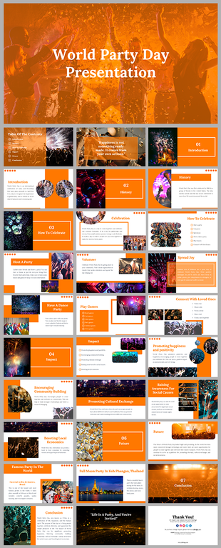 A slide deck for World Party Day, showcasing slides on history, how to celebrate, impact, and famous parties worldwide.