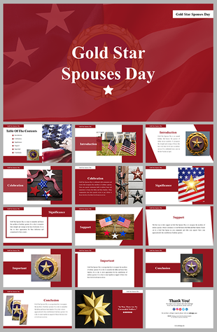 Slides featuring red and gold accents with topics on significance, celebrations, and support for spouses of fallen soldiers.