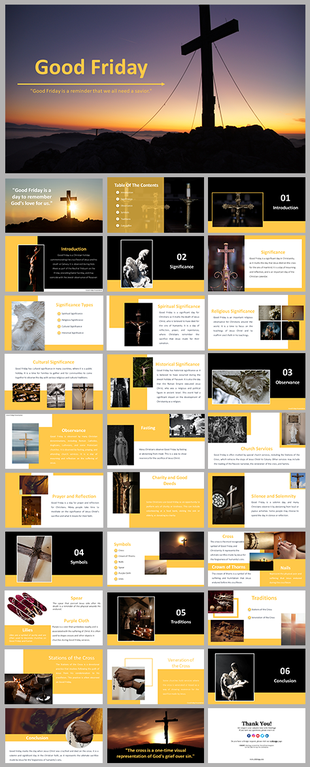 Good Friday slides featuring images of crosses, spiritual symbols, and descriptions of the day's significance.
