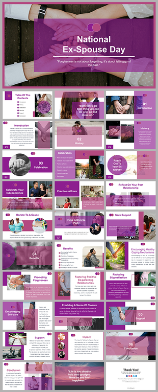 Slide deck for national ex-spouse day, in purple layouts with sections on history, celebration, benefits, and mechanisms.