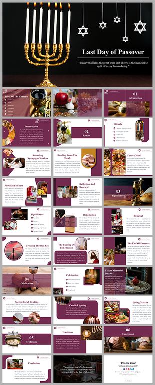 Slides with images of menorahs, festive foods, and symbols, emphasizing cultural and religious practices, in maroon theme.