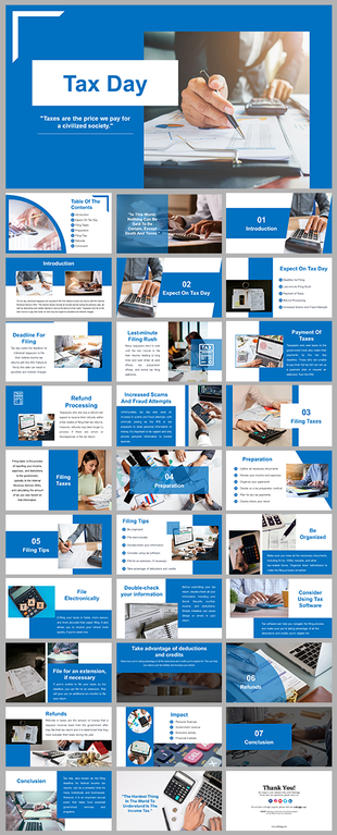 Slide deck with sections on filing deadlines, tax software, refund process, and tips for organized tax preparation.