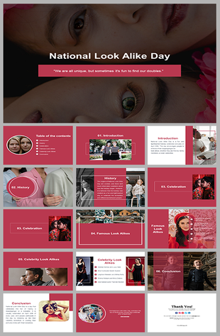 National Look Alike Day presentation template featuring themed slides on history, celebrity doubles, and celebration ideas.
