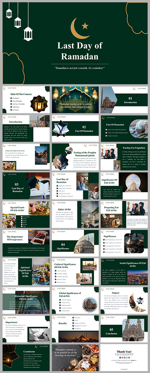 Ramadan slides with green background, gold crescent motifs, and detailed sections on fasting, celebrations, and forgiveness.
