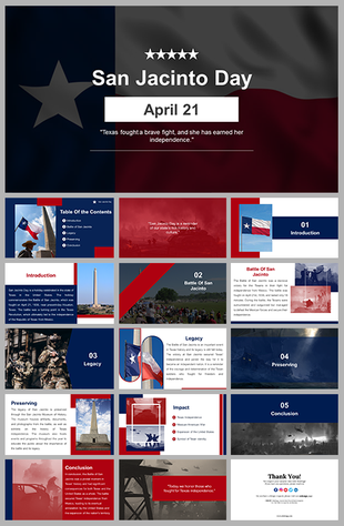 San Jacinto Day with themed slides covering topics like the battle, legacy, impact, and preservation efforts.