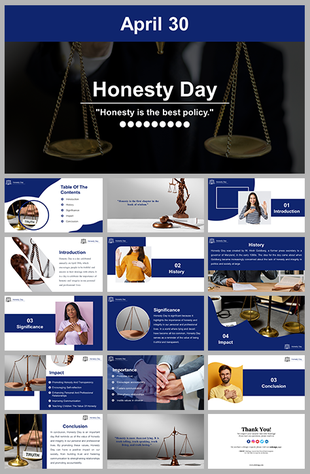 A pack of honesty day slides featuring sections on the importance, history, and impact of honesty with various images.