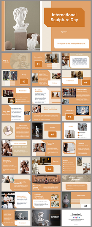 Detailed slides on International Sculpture day, including activities, workshops, and the promotion of artistic expression.