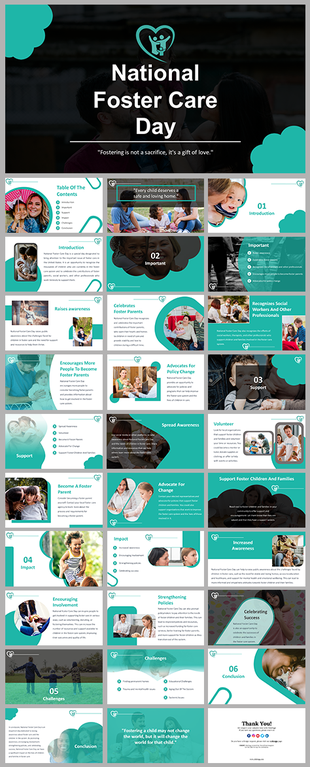 A multi slides PPT for national foster care day covering themes like support for foster parents, and child welfare policies.