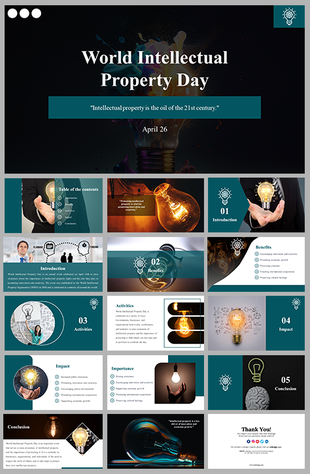 Businessman holding a lightbulb, with a slide deck of world intellectual featuring introduction and conclusion items.