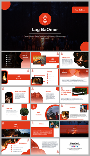 Lag baomer slides with bonfire visuals, and sections on traditions, history, and celebrations, in red accents.