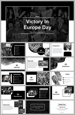Victory in Europe Day slides in black and white, covering topics like aftermath, celebrations, and legacy.